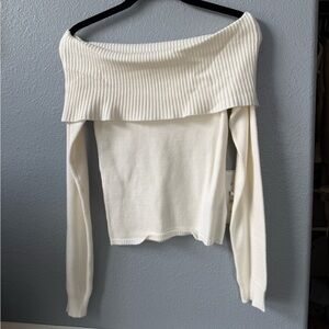Cozy Fold-Over Off-the-Shoulder Sweater - Cream